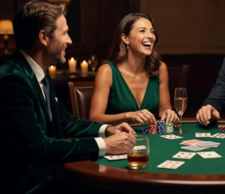 Goście przy stole pokerowym w trakcie rozmów i zabawy
